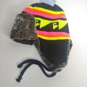 New NWT Nochilla Faux Fur Flaps Acrylic Knit Neon Winter Hat Beanie Black Ties